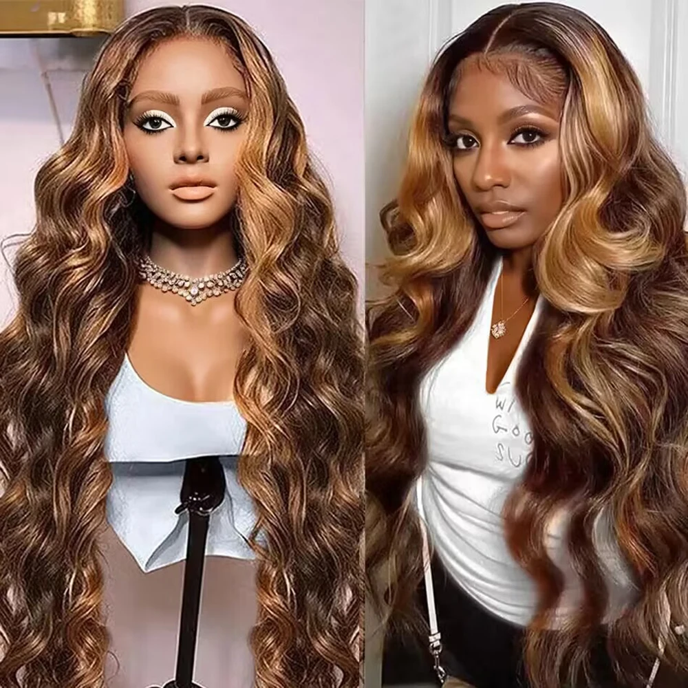 200 Density 30 36 Inch 4/27 Highlight Colored Ombre Body Wave 13x6 Hd Transparent Lace Frontal Human Hair Wig For Women