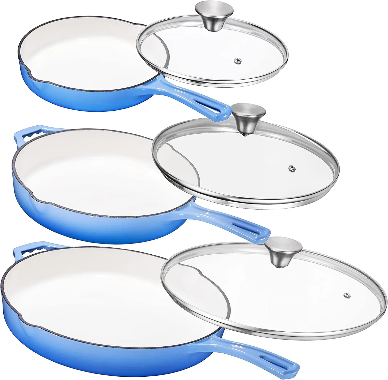 Bruntmor Pre-seasoned 8 Inch, 10 Inch and 12 Inch Blue Enamel Cast Iron Nonstick Frying Pan - Set of 3 With Tempered Glass Lid -