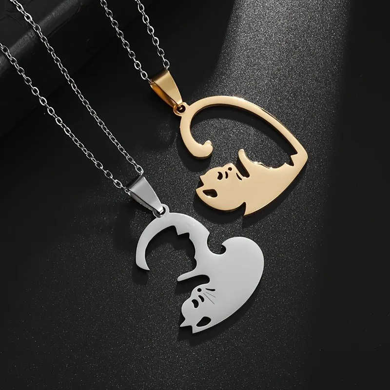 Gold- und Silber-Halsketten mit Katzenanhänger – 2-teiliges Set aus Edelstahl in Schwarz und Weiß, passende Halsketten in runder oder herzförmiger Form – Detail 3