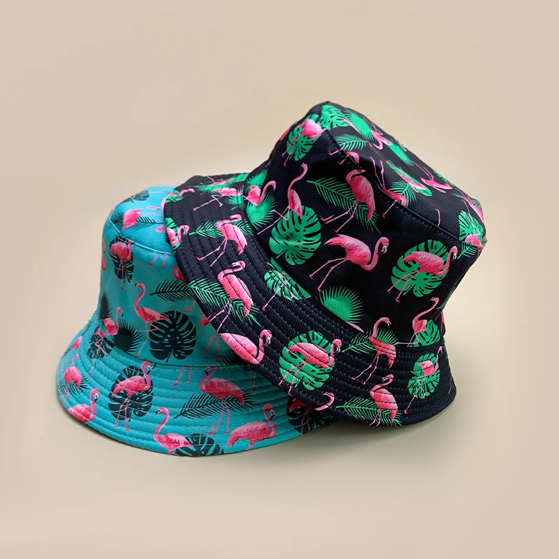 Casual Print Coconut Tree Flamingo Bucket Hats New Unisex Versatile Travel Double Sided Wearable Sunshade Street Fisherman Caps