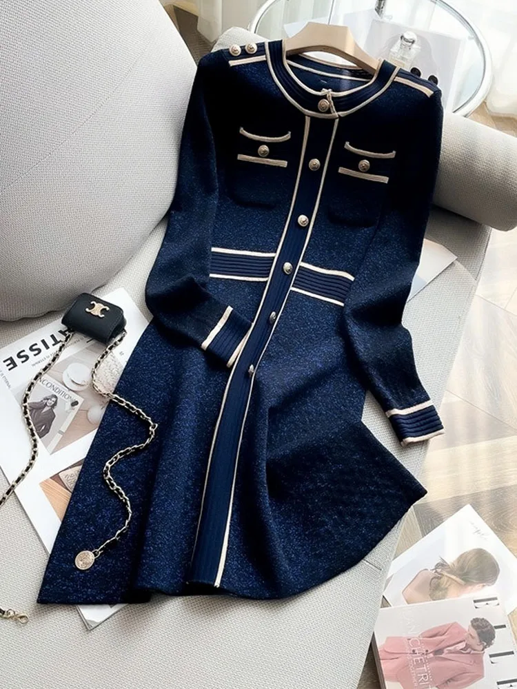 

Витое вязаное платье-свитер, женское тонкое мини-платье трапециевидной формы, осень 202, с длинным рукавом и круглым вырезом, винтажная элегантная рабочая одежда, Vestidos Mujer