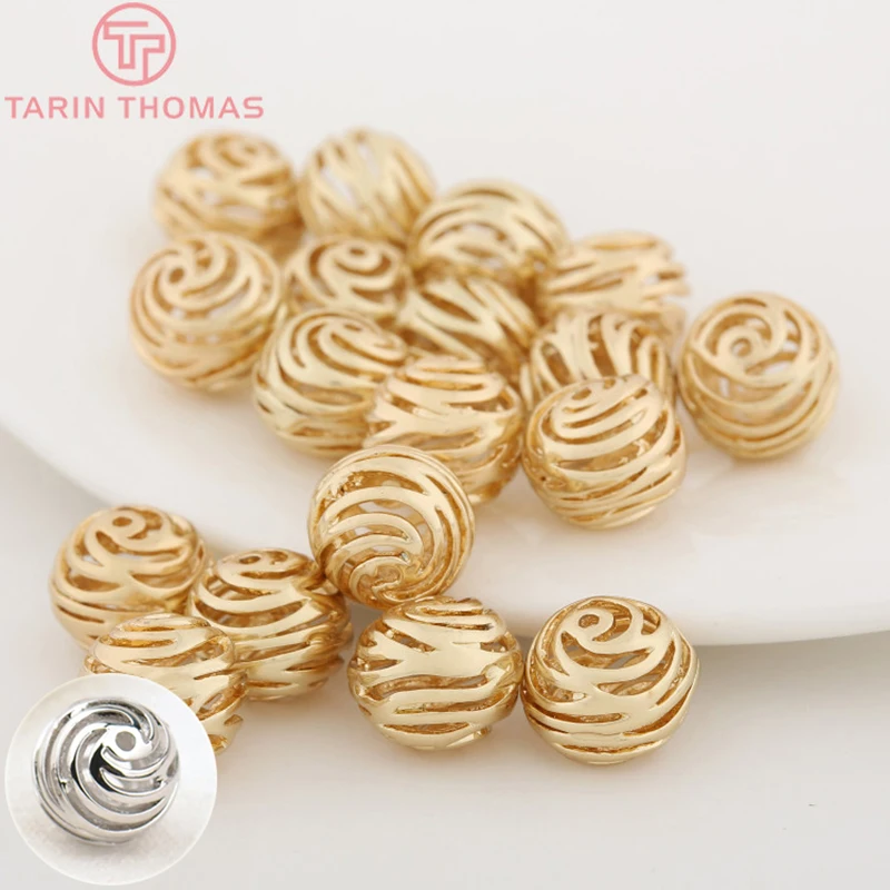 (3047)6PCS 10MM 24K Gold Color Plated Brass Hollow Rose Flower Spacer Beads Bracelet Beads High Quality Jewelry Accessories