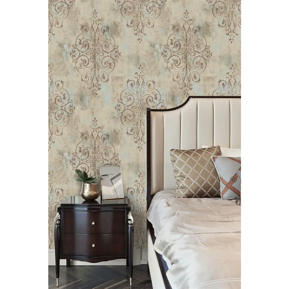 ورق جدران دمشقي عتيق قابل للتقشير واللصق باللون الأصفر العميق والأزرق الضبابي والبني للجدران - تصميم فينيل ذاتي اللصق مع فرنسي