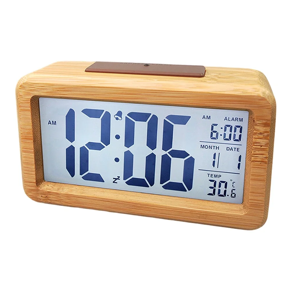 Minimal Wooden Alarm Clock with LED Display Showing Time and Temperature Adjustable Alarm Tone and Snooze for Personalized Use