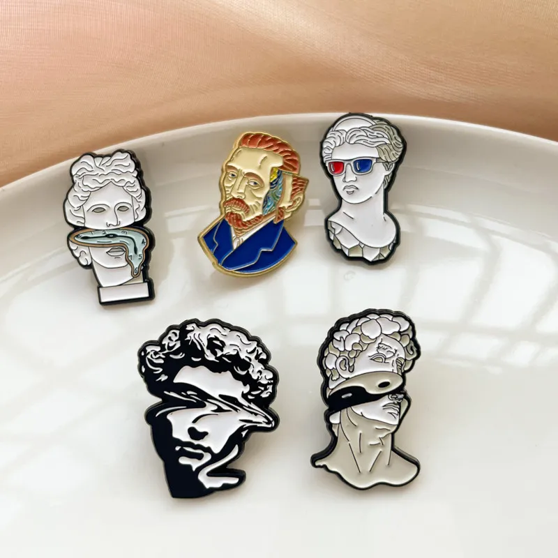 Cute Van Gogh Plaster Statue Sculpture Brooch Fashion Cartoon Geometric Lapel Badge Pins Jewelry Party Gifts For Women Girls