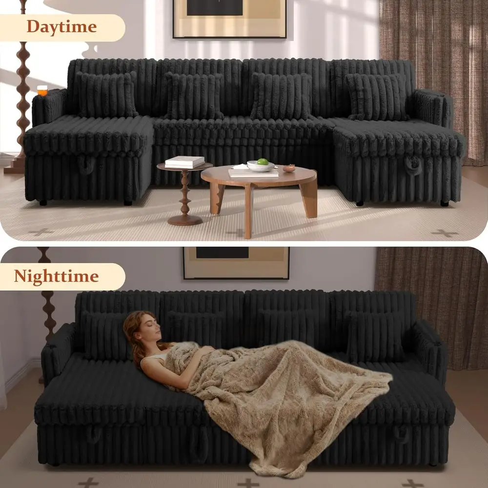 107 أريكة مقطعية مع سرير قابل للسحب، كرسي تخزين، مسند ظهر قابل للتعديل، منافذ USB، حاملات أكواب، جيوب جانبية، قماش سروال قصير