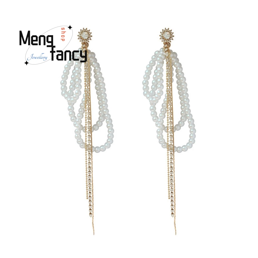 S925 Silver Needle Zircon Pearl Tassel Earrings, Long Fashionable Stud Earrings, Elegant And Stylish Earrings Fashion Jewelry