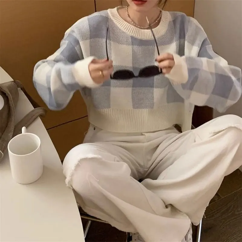 Korean Sweet Plaid Knitted Jumpers 2024 Autumn Long Sleeve Basic Female Clothing Fashion Casual O-Neck Commute Loose Sweaters