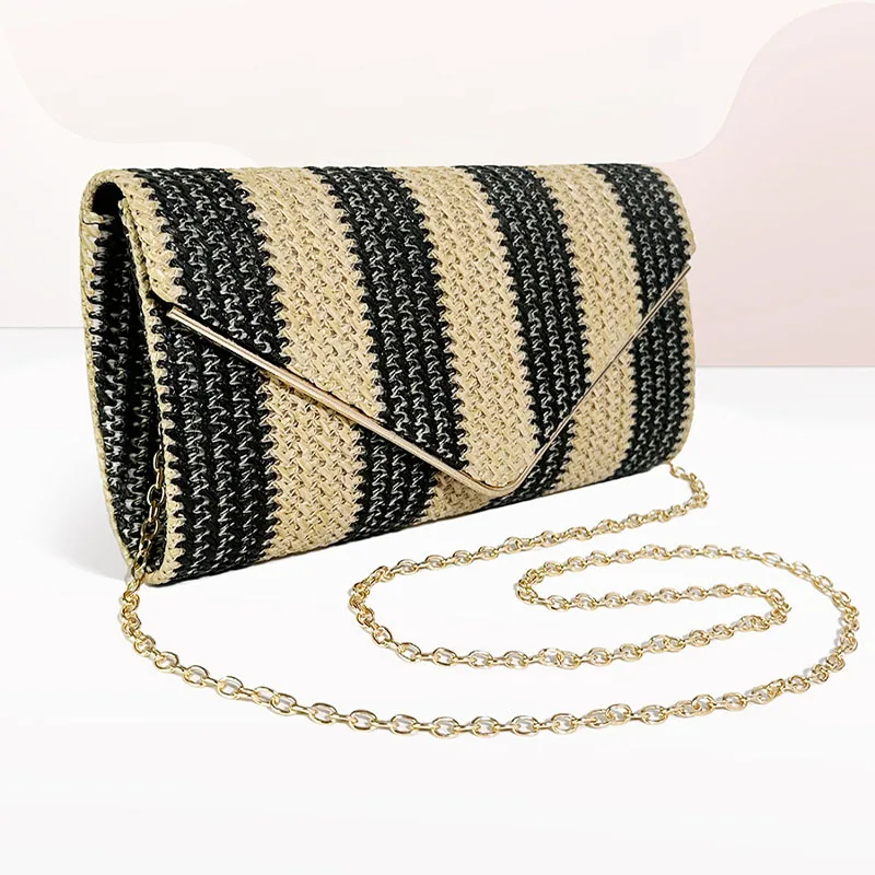 2024 New Summer Beach PP Straw Envelope Crossbody Bag Women Woven Clutches Striped Black Handbag Casual Chain Shoulder Purses