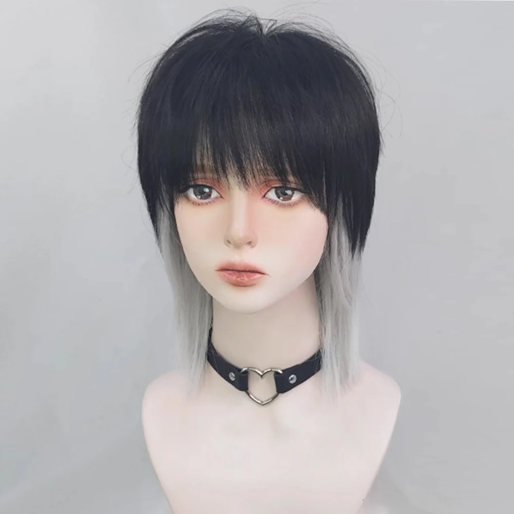 VICWIG Mullet Head Wig Synthetic Short Straight Black White Natural Lolita Cosplay Men Hair Wig for Daily Party