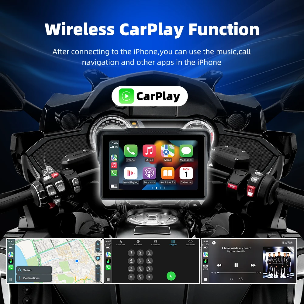EKIY 7 Inch Motorcycle Wireless Carplay Android Auto Moto Monitor Support Front Rear DVR TPMS Display Screen GPS Navigation