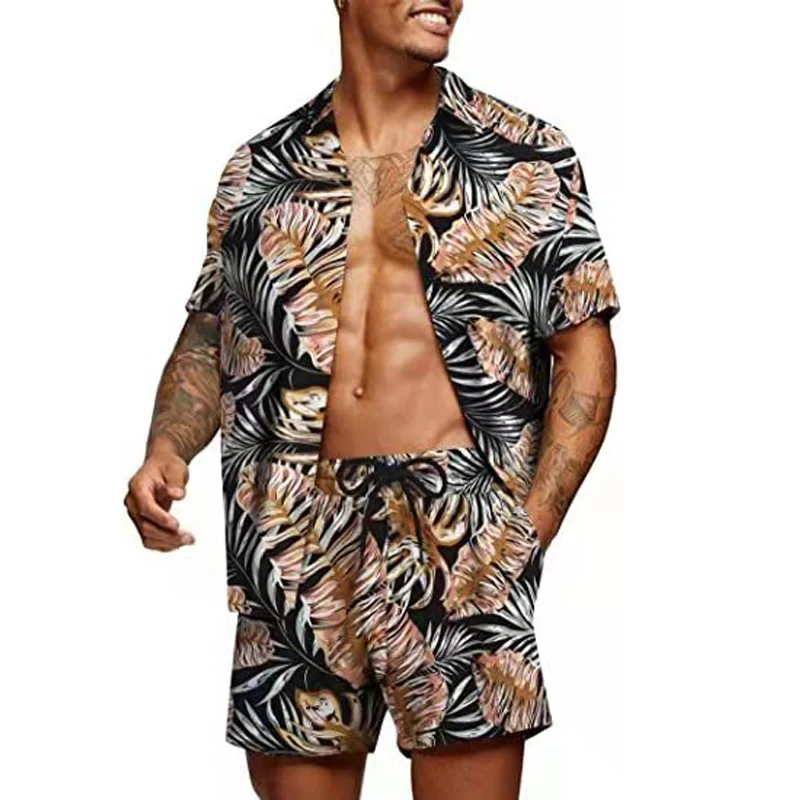 Floral 2PCS Shirts Suits Men Fashion Shirts+Shorts 3D Two Piece Sets Hawaii Shirts Beach Shirt Sets Boy Beach Vocation Outfits