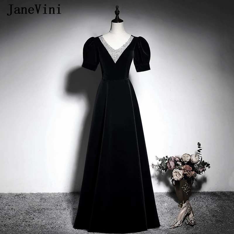 

JaneVini Vintage Black Velvet Evening Dresses Long A Line Puff Sleeve Sequined V Neck Women Prom Party Special Occasion Gowns