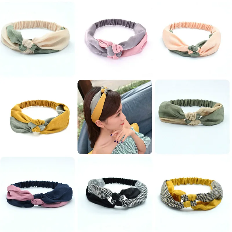 Fashion Women Headband Vintage Silk Plaid Cross Knot Elastic Hair Bands Color Matching Soft Solid Girl Hairband Hair Accessories