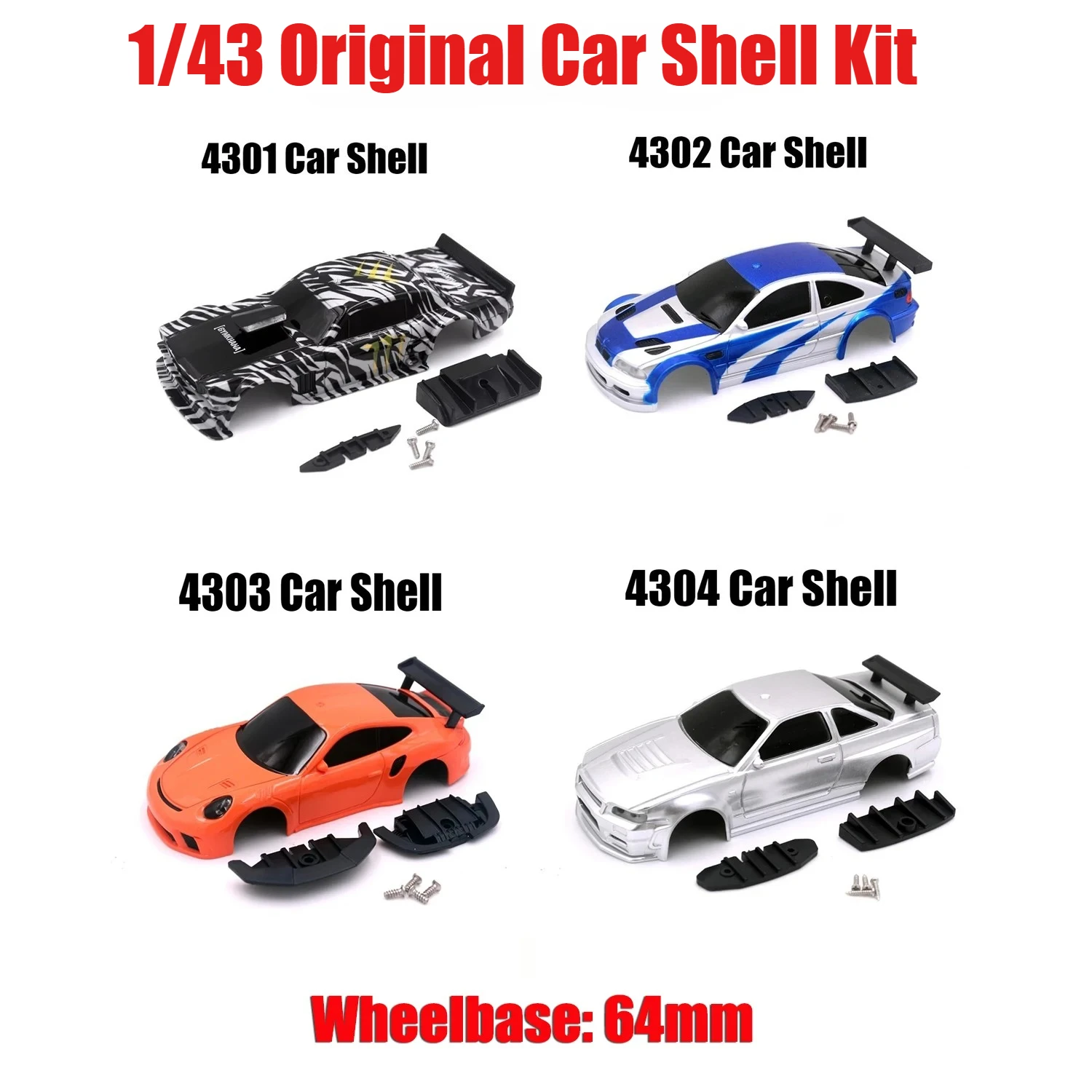 

4301 4302 4303 4304 1:43 Запасные части для радиоуправляемого автомобиля Корпус автомобиля Ступица колеса Забор для шин 1/43 Оригинальный комплект корпуса автомобиля