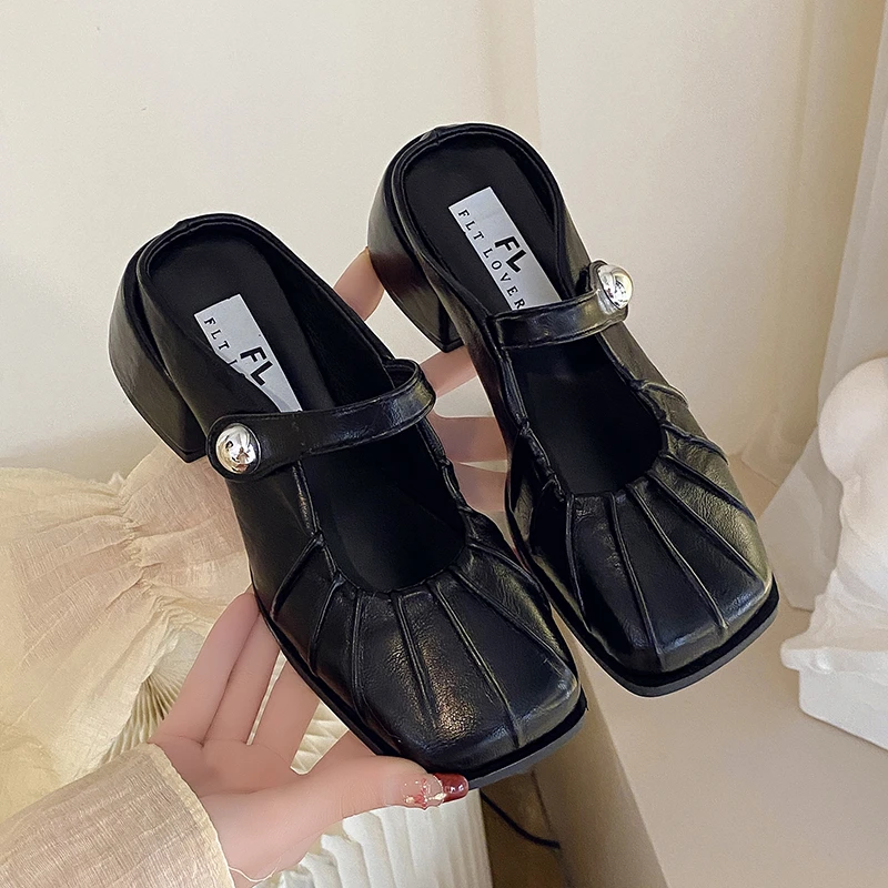 French Haute Couture Silver Wrapped Half Slippers for Women, Thick Heeled Muller Shoes for Women, Empty Single Shoes At The Back