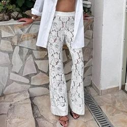 Women Sheer Lace Wide Leg Pants Y2k Floral Party Club High Waist Long Trousers Female Flare Pants Street Wear White Yuqung