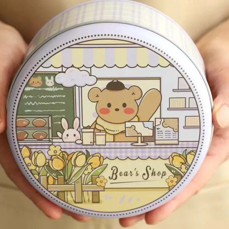 Cartoon Bear Large Round Tea Sugar Coffee Cookies Storage Tin Box Desktop Sundries Organizer Container Gift Packing Iron Box