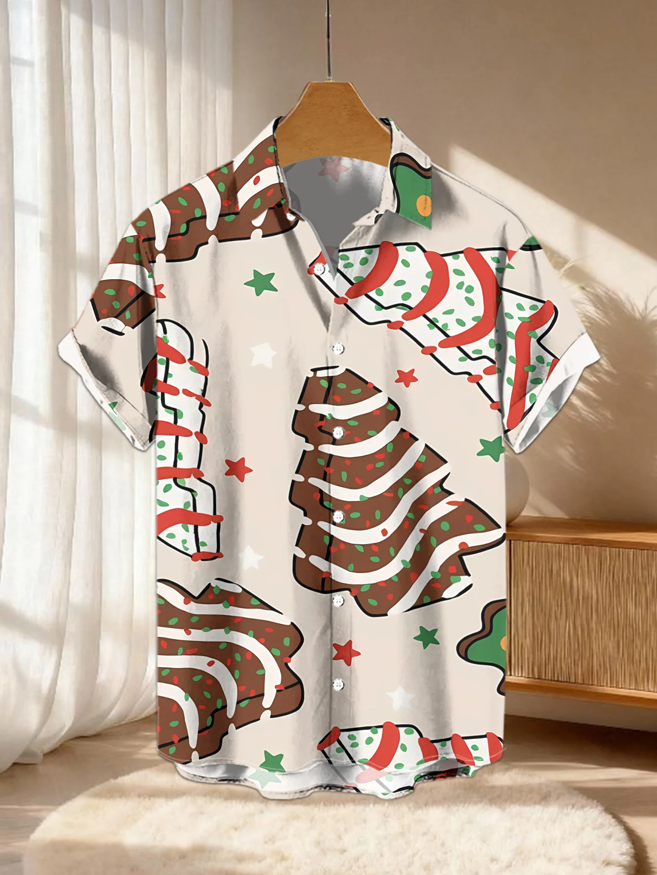 New Men Short Sleeve Shirt Christmas Tree Cake Print Turn Down Collar Casual Button Holiday Tops Men's Clothing