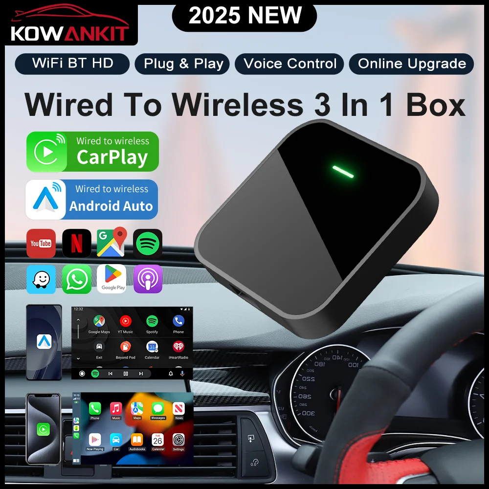 Draadloze Carplay Android Auto AI Box, Plug & Play past op auto's vanaf 2016 en IPhone IOS 10+ en Android 11+, stembediening - KL8