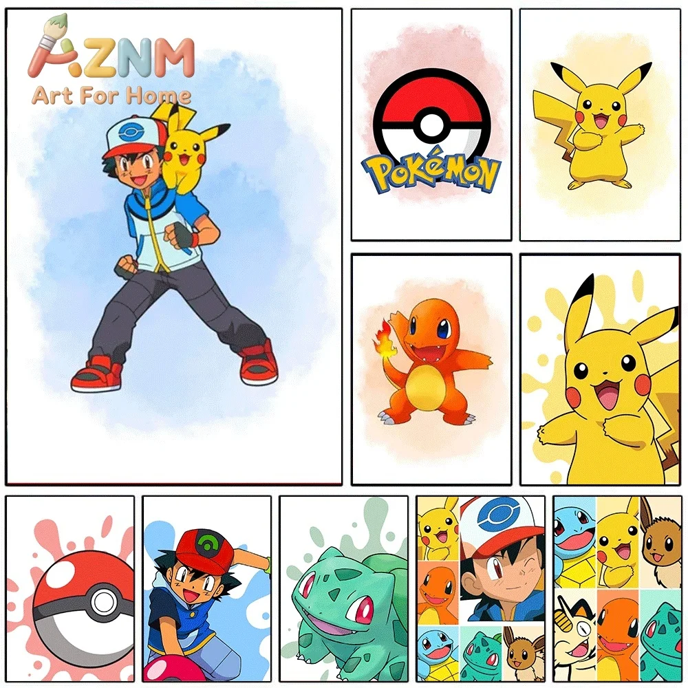 2D Flat Posters & Prints,Ash Ketchum Watercolor Splash Canvas Wall Art,2D Flat Frameless Anime Monster Print,Home Decor for Ki
