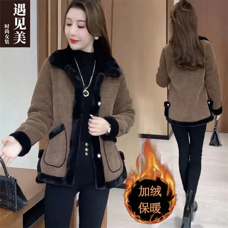 Coffee Colored Women's Winter New Lamb Wool Fashion Woolen Jacket 2024 Female's Fur Outwear Slimming and Plush Thickened Coat