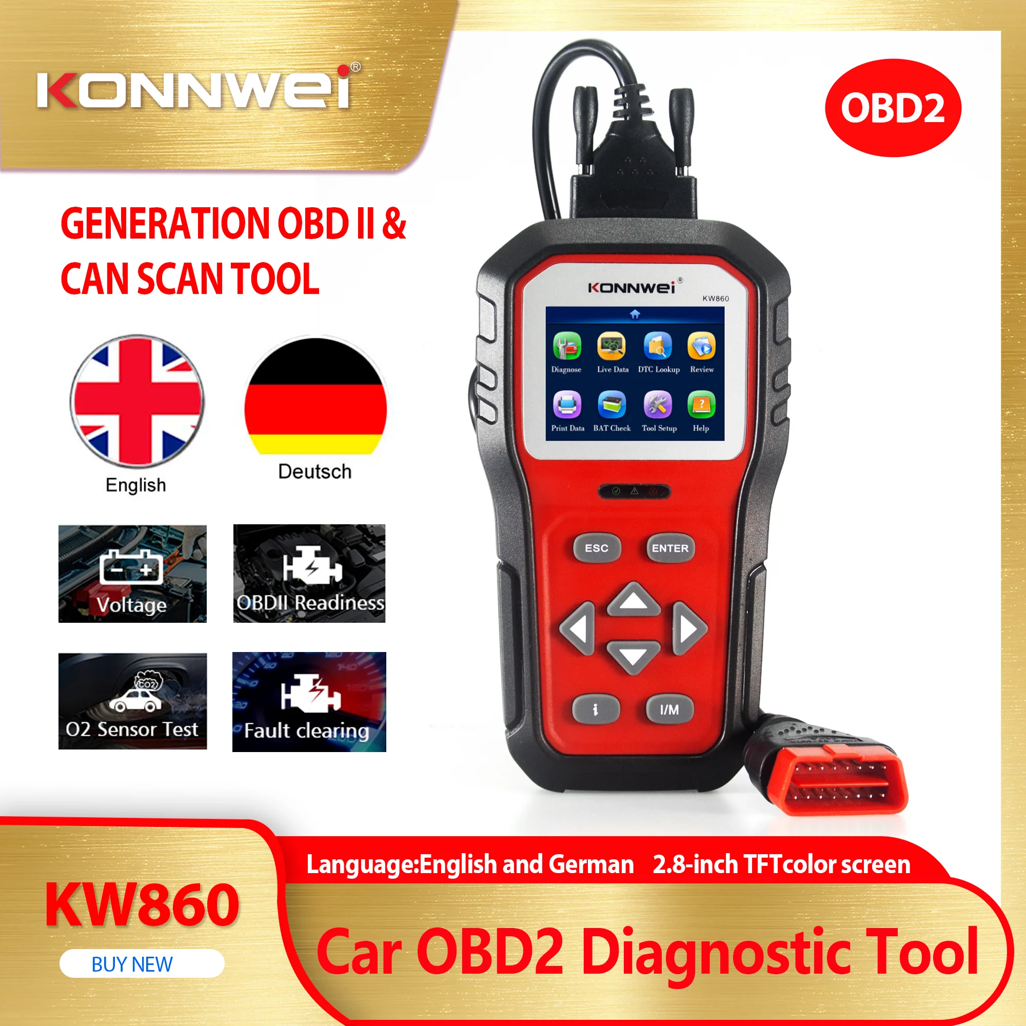 

Диагностический сканер KONNWEI KW860 2026 года с полным набором функций OBD2: считывание и удаление кодов неисправностей, проверка индикатора двигателя, тест на выбросы, данные в реальном времени