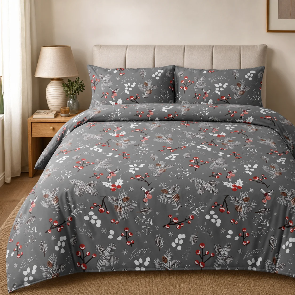 Parure de lit en polyester à imprimé baies d'hiver et cônes de pin gris, comprenant une housse de couette 160×200 cm et deux taies d'oreiller ; garnitures de couette et d'oreiller non incluses