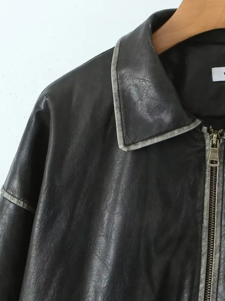 ZMEENNA Women's Faux Leather Bomber Jacket With Pockets And Zip Closure Chic And Casual Outerwear Vintage Style ZM3776