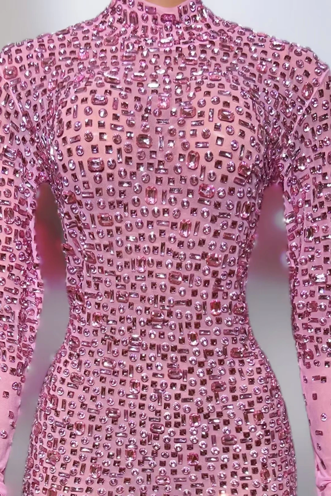 Kostum Panggung Seksi Pakaian Bermain Berlian Imitasi Penuh Jumpsuit Lengan Panjang Pakaian Peragaan Busana Malam Bodysuit Pemotretan Wanita Gesebei