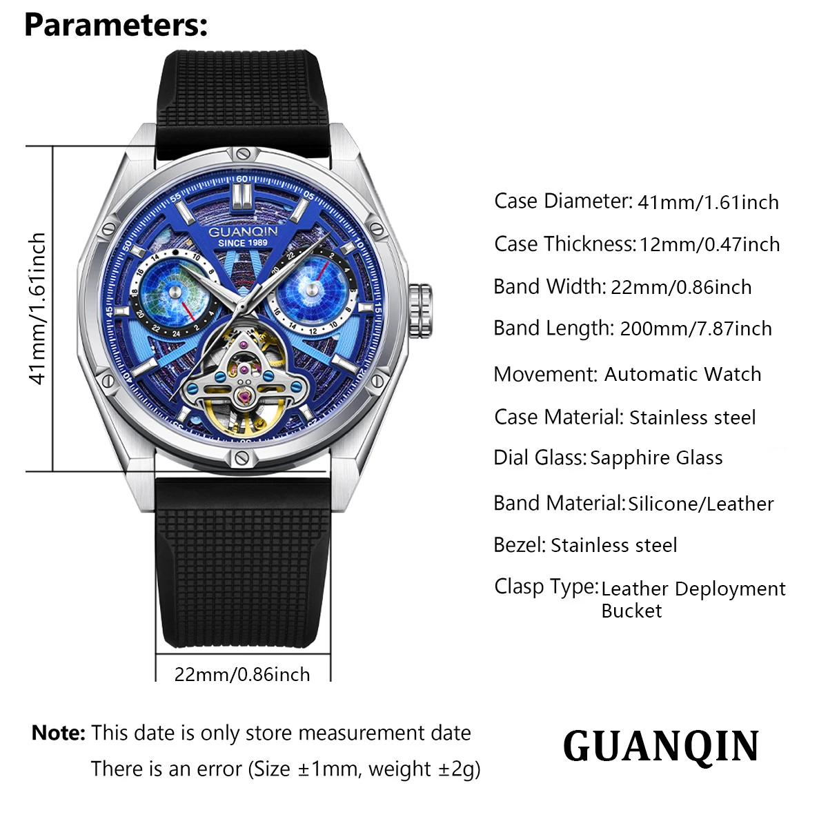 GUANQIN Mens Watches Top Luxury Mechanical Wristwatches Automatic Watch For Men Sapphire Mirror Waterproof Silicone Sports Clock