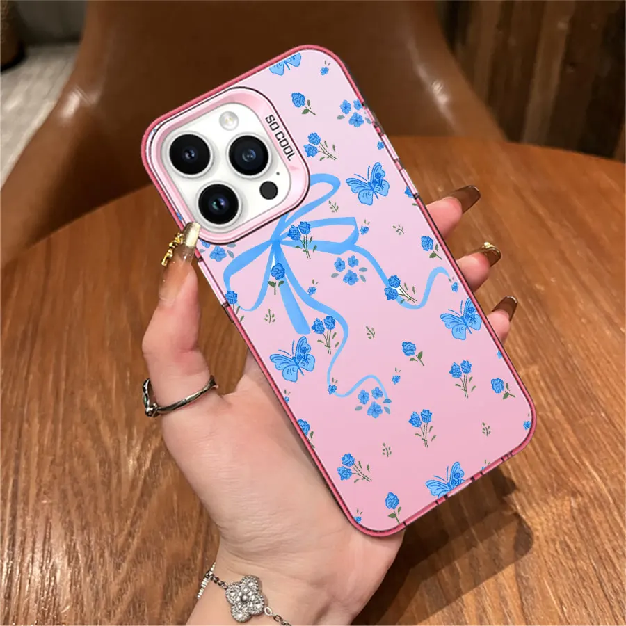 青い花柄のリボン付きiPhone 17～11 Pro Max Plus用スマホケース