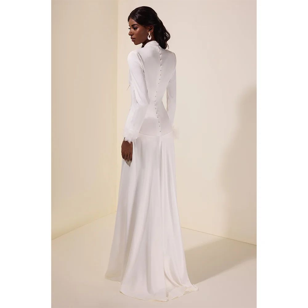 Robes de soirée blanches simples, col haut, fleurs, manches longues, longueur au sol, robes de bal personnalisées