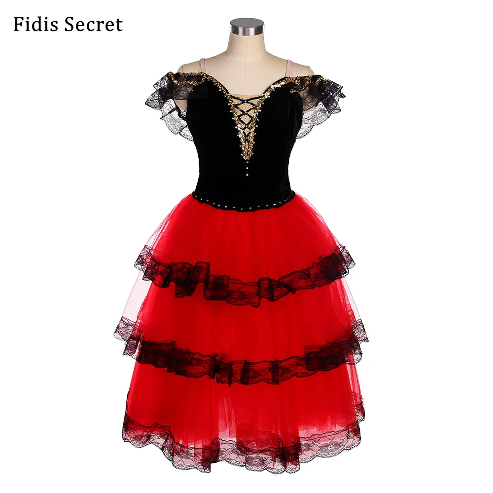 Adult Hot Red 3 Tiered Long Romantic Skirt Stage Wear,Girls Spanish Dance Ballet Tutu,Ballerina Professional Customized Costumes