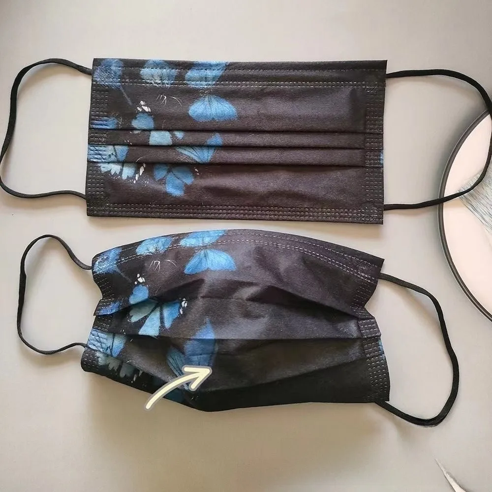 

10 шт. одноразовых масок для лица с красочным принтом бабочек, черные, из нетканого материала, противопылевые, дышащие, безопасные для кожи