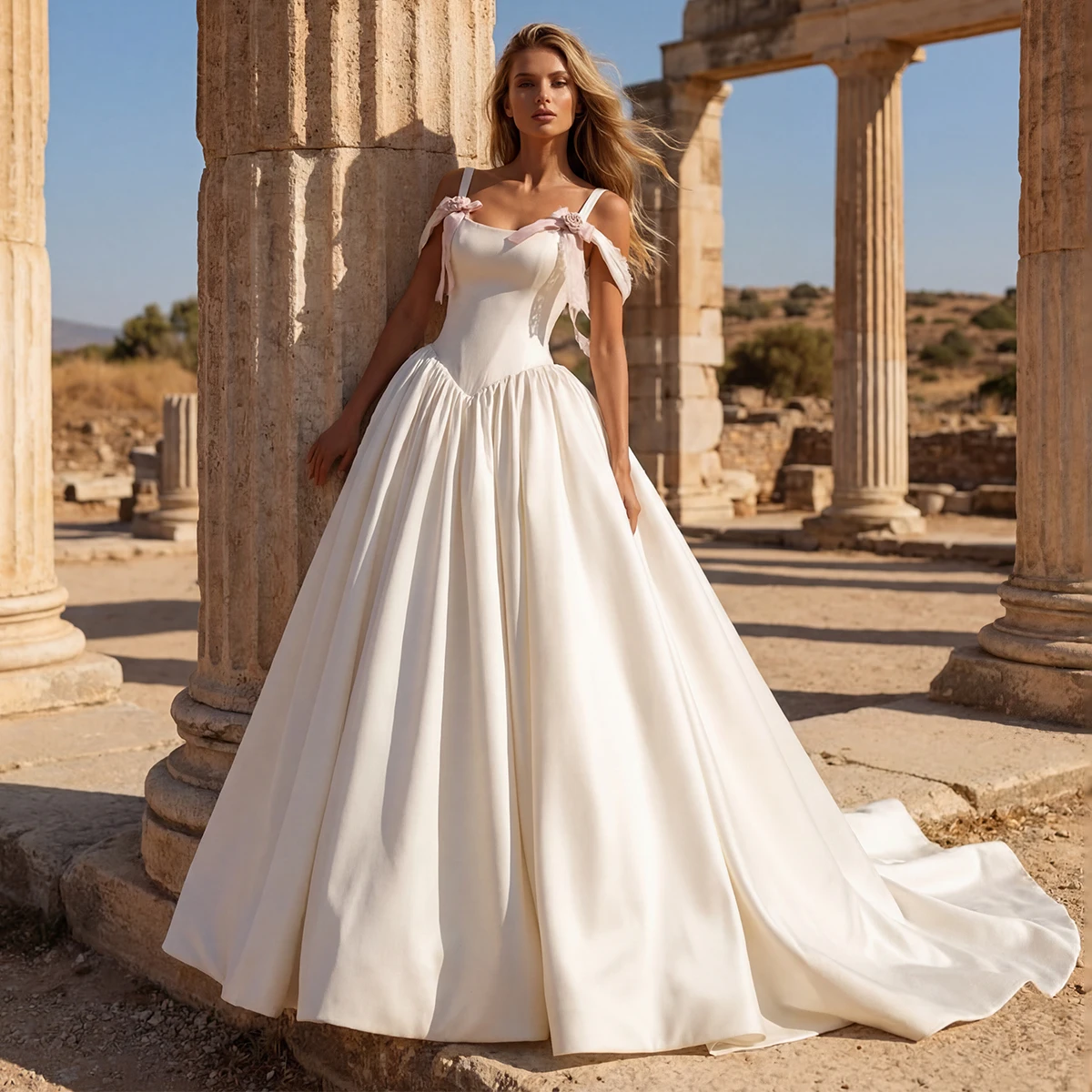 

Simple Off Shoulder Long Ball Gown Wedding Dresses For Bride Satin Flower Bridal Party Gown With Train Vestidos de novia