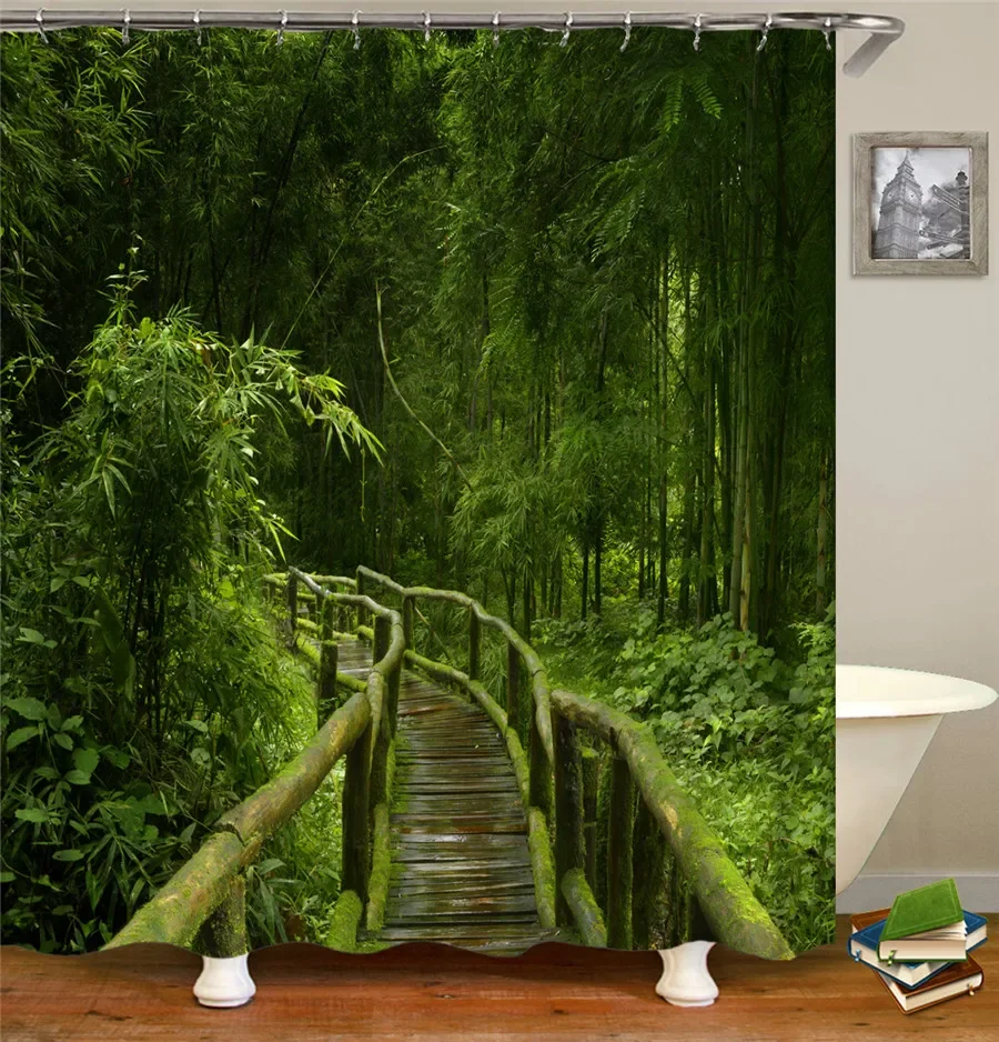 Green Forest Trees Scenery Bath Curtain Shower Curtains Bathroom Waterproof Polyester Fabric 3d Printed Bath Screen 12 Hooks Mat