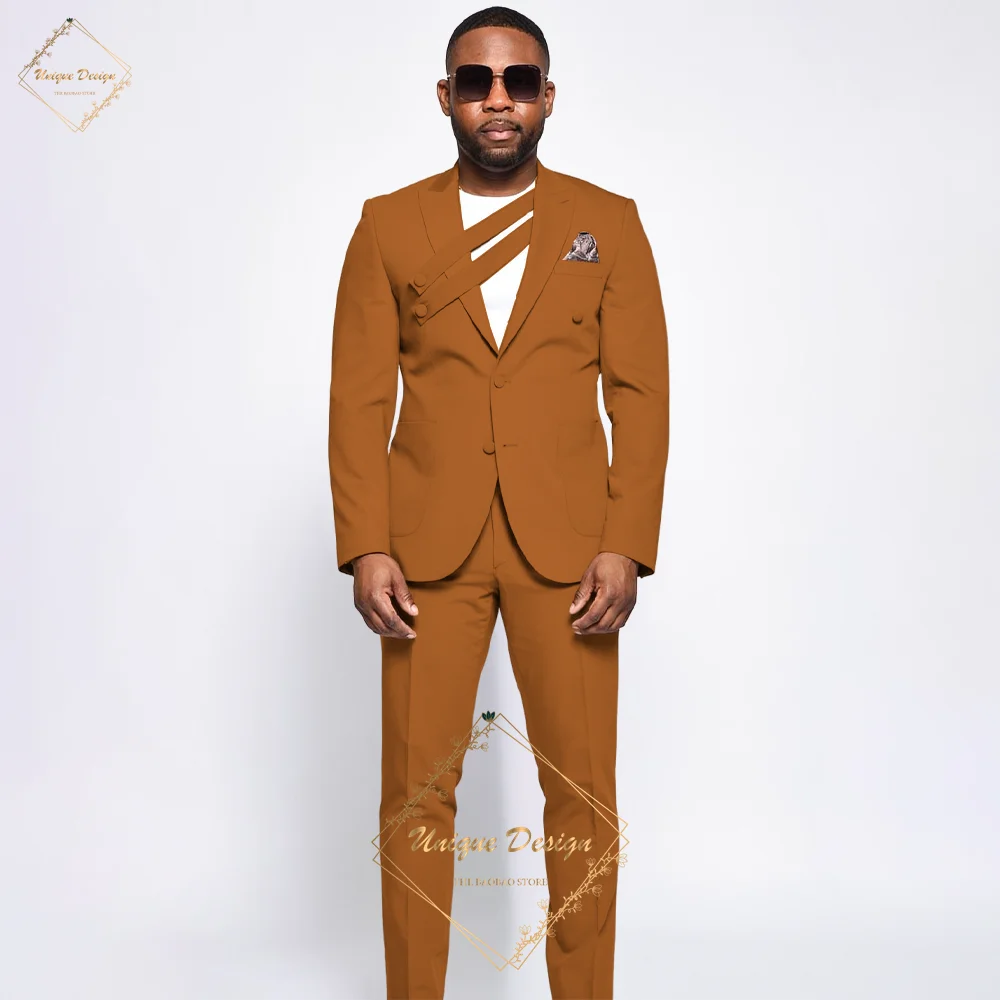 Premium men's 2-piece suit jacket pants set in tan peak lapel slim fit attire for wedding cocktail birthday party custom tuxedo