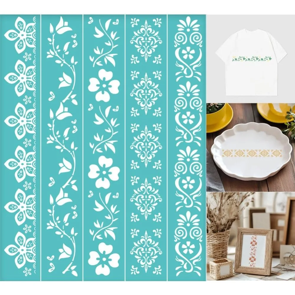 2 Pcs Flower Borders Silkscreen Stencil Reusable Self-Adhesive Silk Screen Printing Plants and Floral Pattern Mesh Transfers
