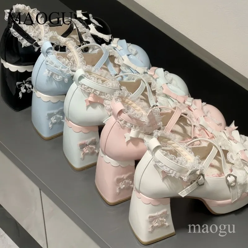 Sweet Lolita Platforms Lace Bow Decor Chunky Block Heel Mary Janes Kawaii Heart Buckle Cosplay Dress Shoes Cute Zapatos Mujer