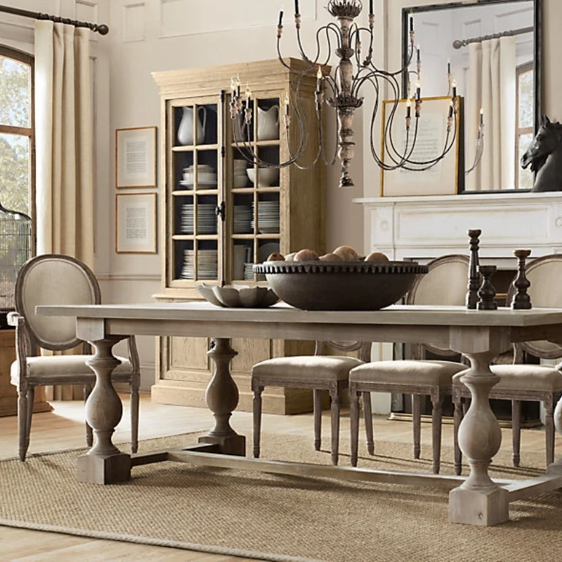 All solid wood household long dining table furniture wabi-sabi wind small apartment western dining table tea table