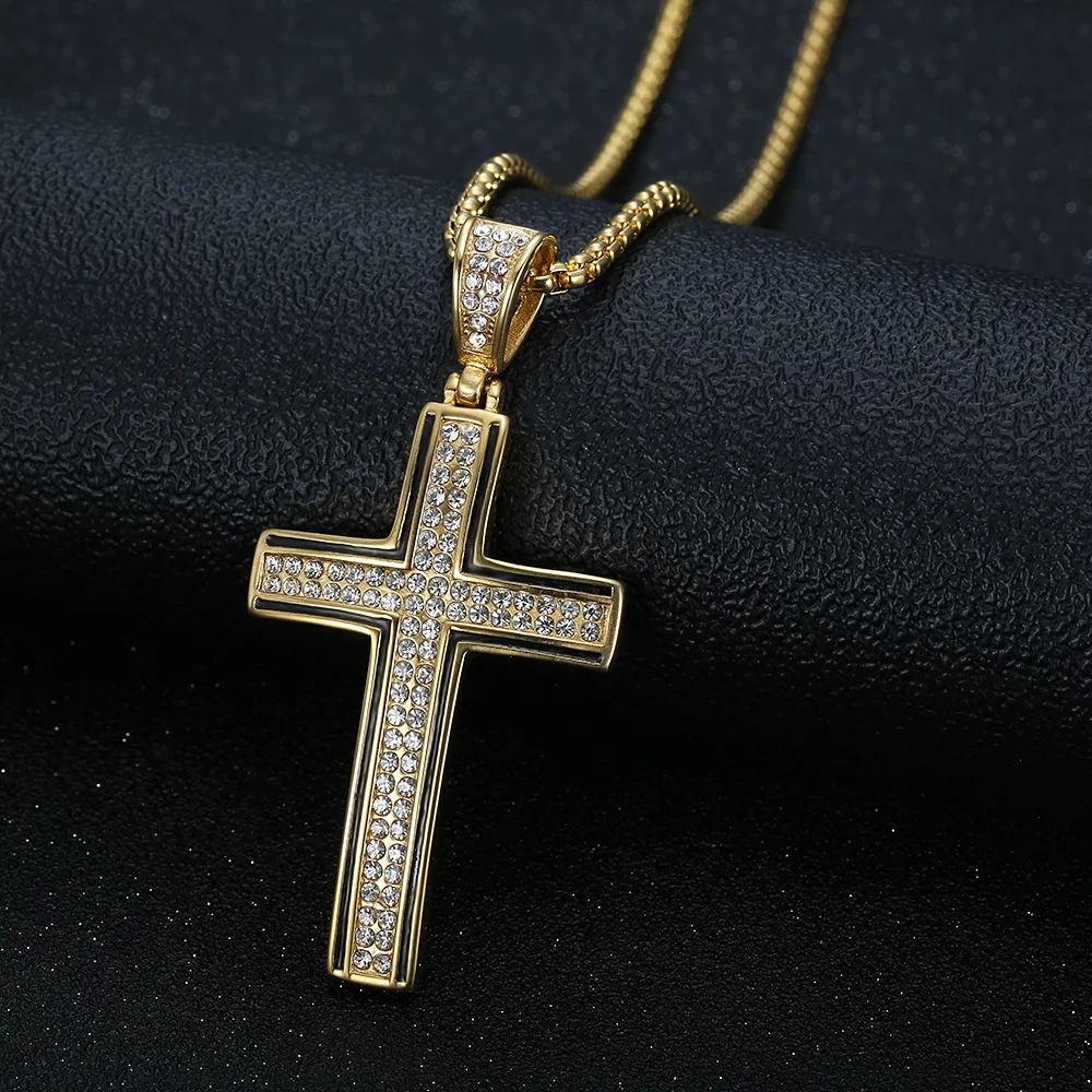 

18K Gold Plated Crystal Cross Pendants Necklace Cubic Zirconia Stainless Steel Fashion Jewelry for Men Gift