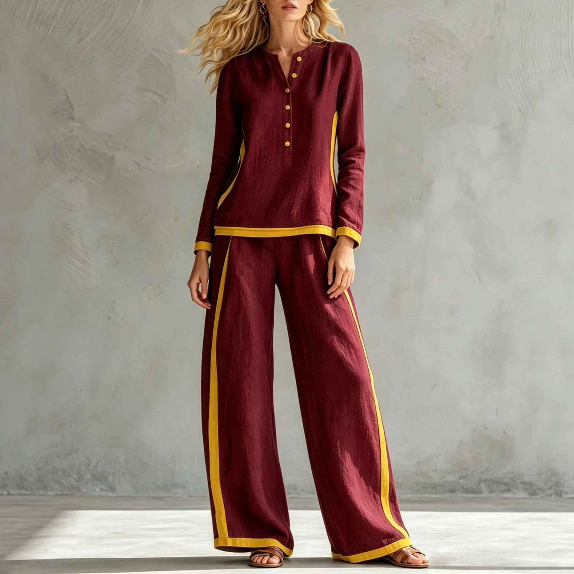 Women's Color Blocked Wide Leg Pants Two-piece Set Spring Autumn Fashion Long Sleeved Top With Pants Suit Ladies Office Outfit