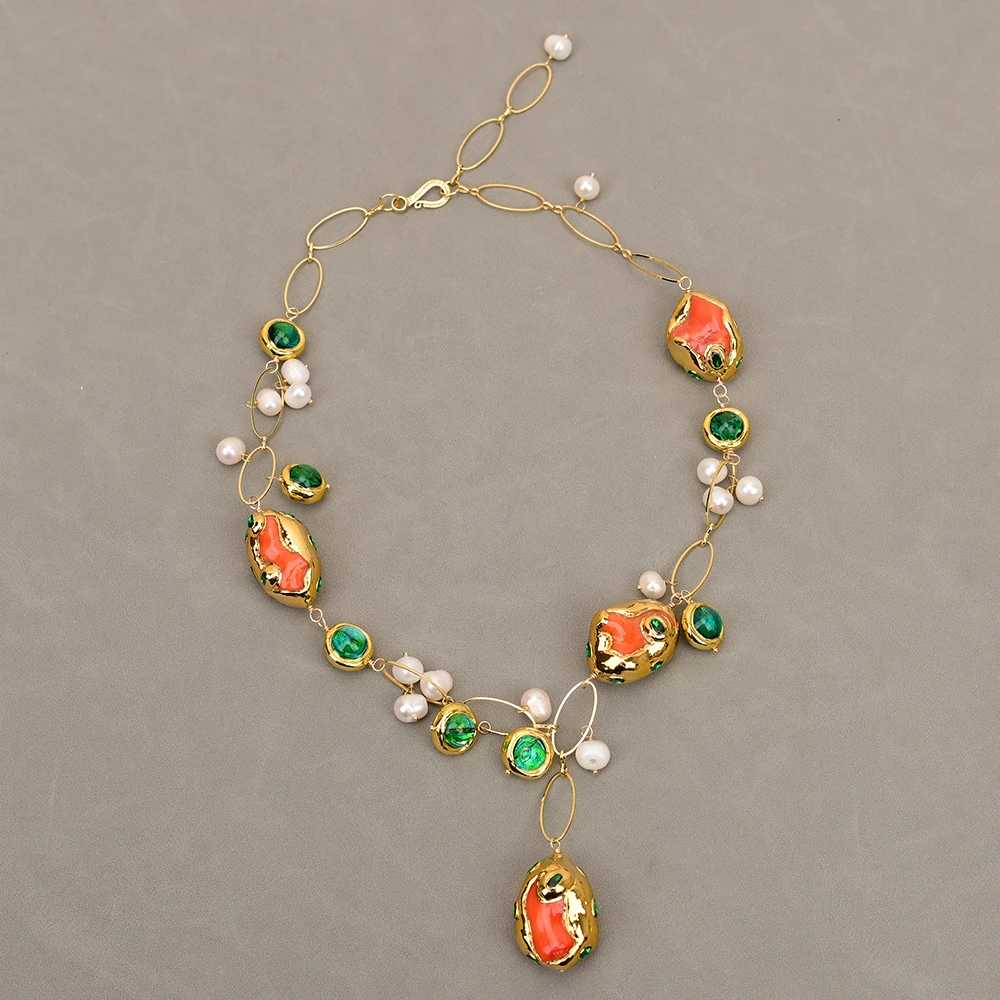 G-G Natural Orange Coral Cultured White Pearl Green Murano Glass Gold Plated Neckace Lady Jewelry Gift