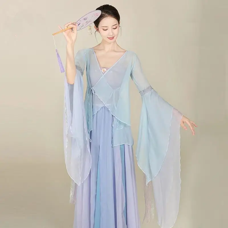 Saia elegante de balé gradiente para mulheres, dancewear flowy chiffon, fantasia chinesa de dança clássica, maxi performance