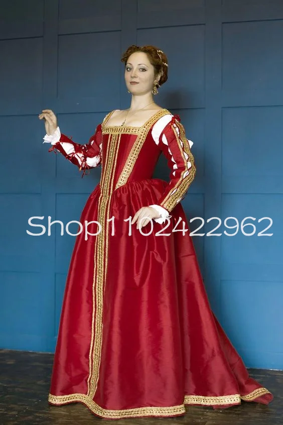 Red and gold Renaissance Evening Dresses Fairy Long Sleeve Square Neck Italian Fashion Bustle Corset Prom Gown Outfit