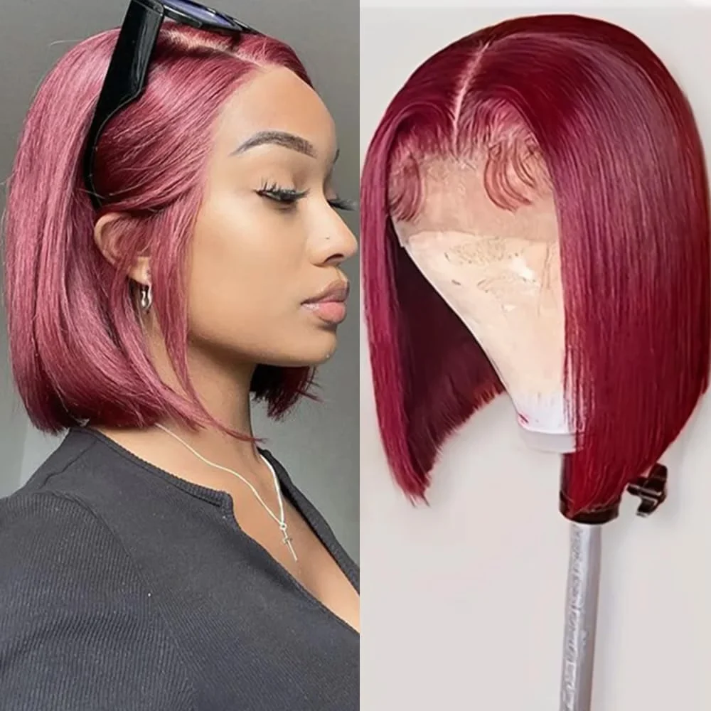 99J Burgundy Bone Straight Short Bob Wigs Drawstring 220% Brown Bob Wigs 13x4 HD Lace Closure Wig Pre Plucked Human Hair