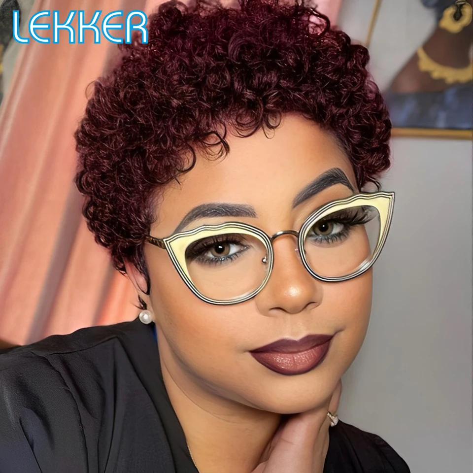 Lekker Burgundy 99j Red Short Afro Curly Bob 100% Human Hair Wigs For Women Brazilian Remy Hair Colored Full Machine Made Wigs