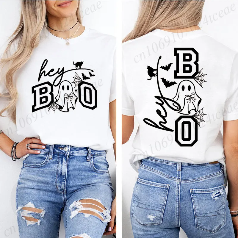 Women Hey Boo Ghost Halloween T‑Shirt Cute Bow Ghost Black Cat Bat Spider Graphic Short Sleeve Halloween Party Streetwear Tshirt