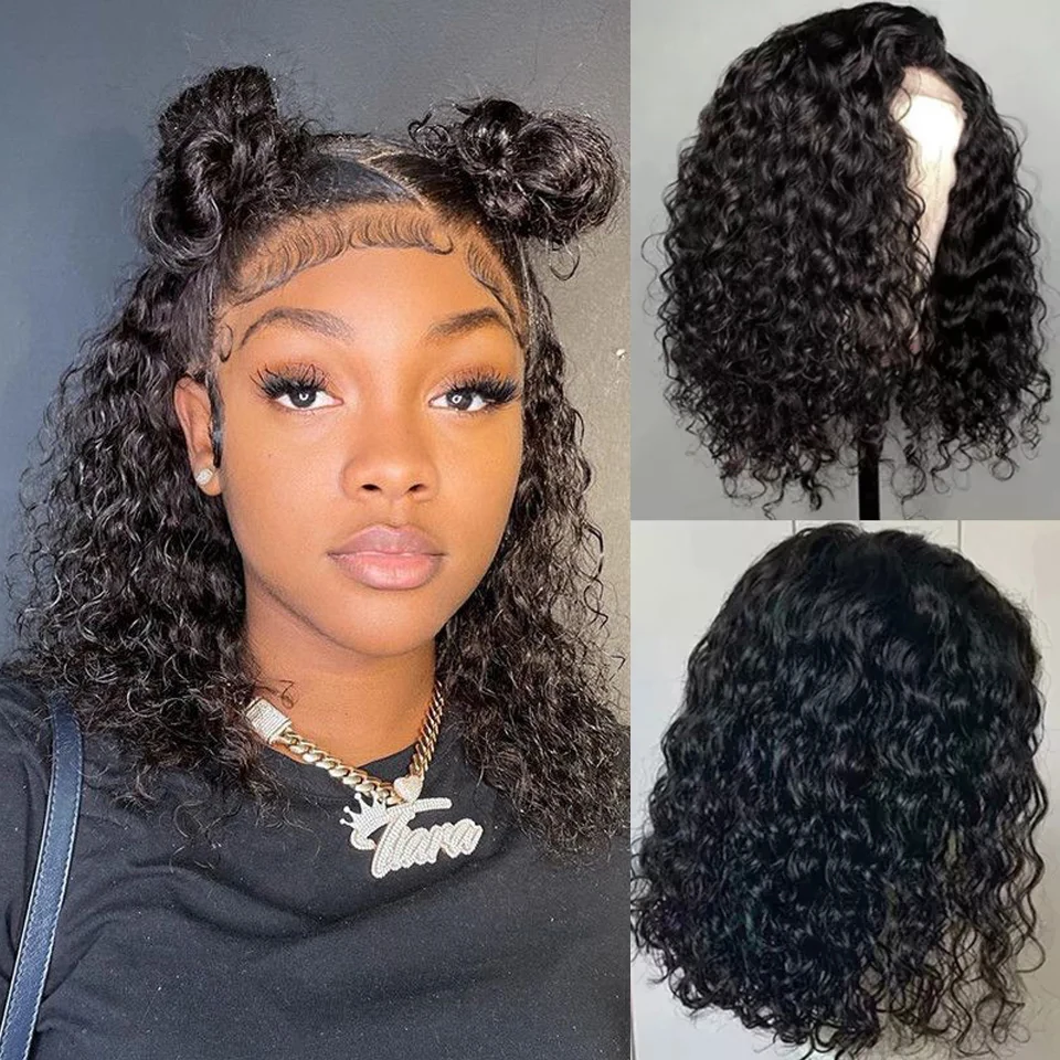 Brazilian Short Bob Wig Water Wave Human Hair 13x4 Transparent Lace Front Wigs for Women Remy Hair Pre Plucked Frontal Curly